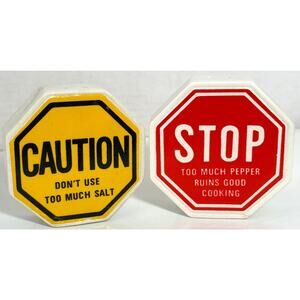 Vintage Caution Stop Ceramic Salt Pepper Shaker Set Red Yellow Too Much - Japan